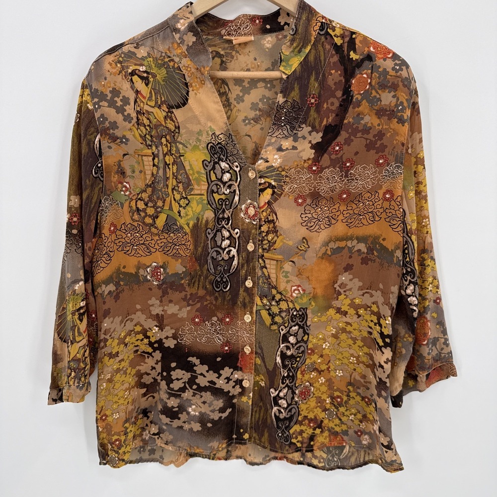 Vintage Tianello Womens Asian Inspired Button Up Blouse Size Medium Art To Wear
